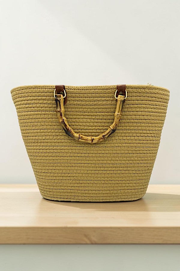 BAMBOO HANDLE SOLID WOVEN FASHION TOTE BAG AB-SS