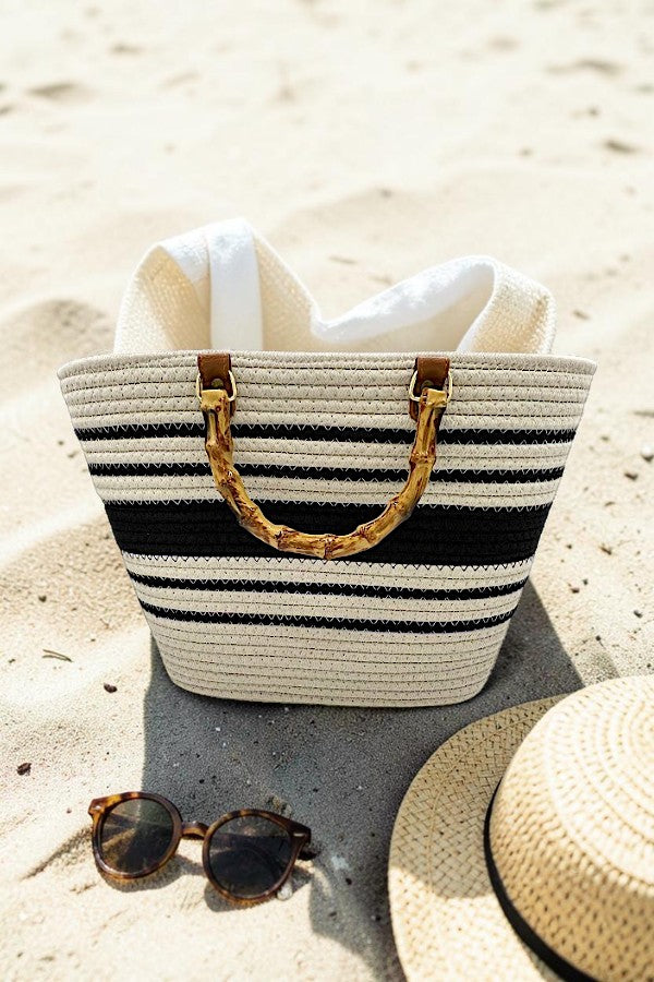 BAMBOO HANDLE STRIPED WOVEN FASHION TOTE BAG AB-SS