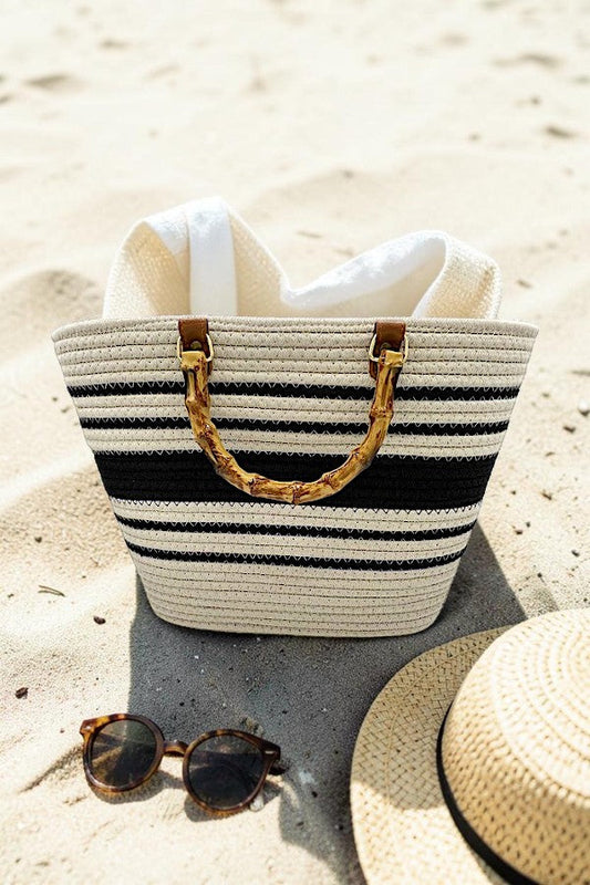 BAMBOO HANDLE STRIPED WOVEN FASHION TOTE BAG AB-SS
