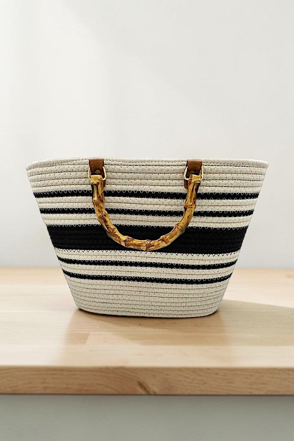 BAMBOO HANDLE STRIPED WOVEN FASHION TOTE BAG AB-SS