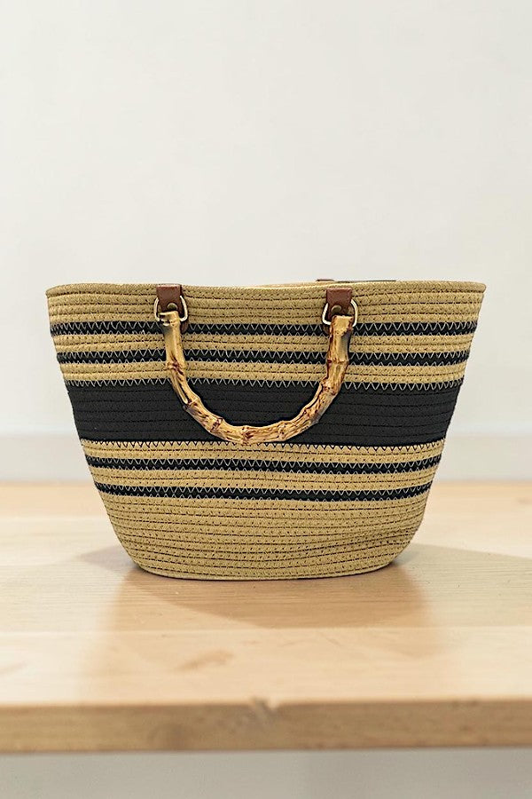 BAMBOO HANDLE STRIPED WOVEN FASHION TOTE BAG AB-SS