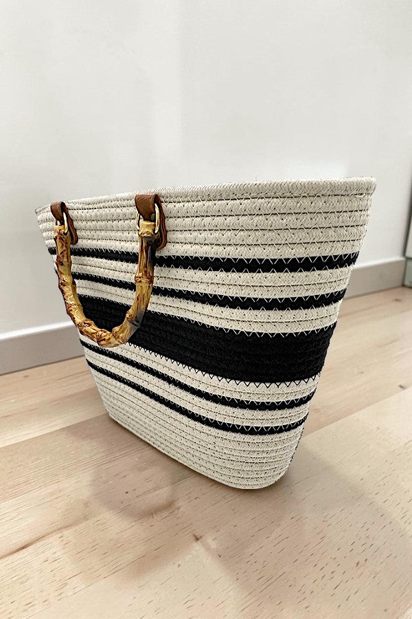 BAMBOO HANDLE STRIPED WOVEN FASHION TOTE BAG AB-SS