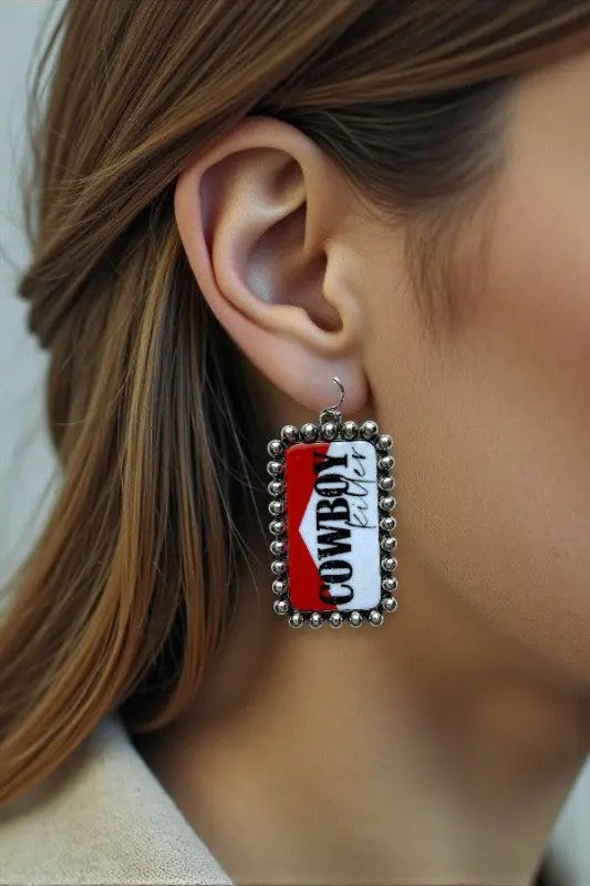 WESTERN BALL BEAD FRAMED COWBOY KILLER RECTANGULAR DROP EARRING - SweetShine c.o.c. 
