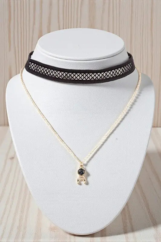 GEM CRESCENT MOON PENDANT NECKLACE LACE CHOCKER SET - SweetShine c.o.c. 