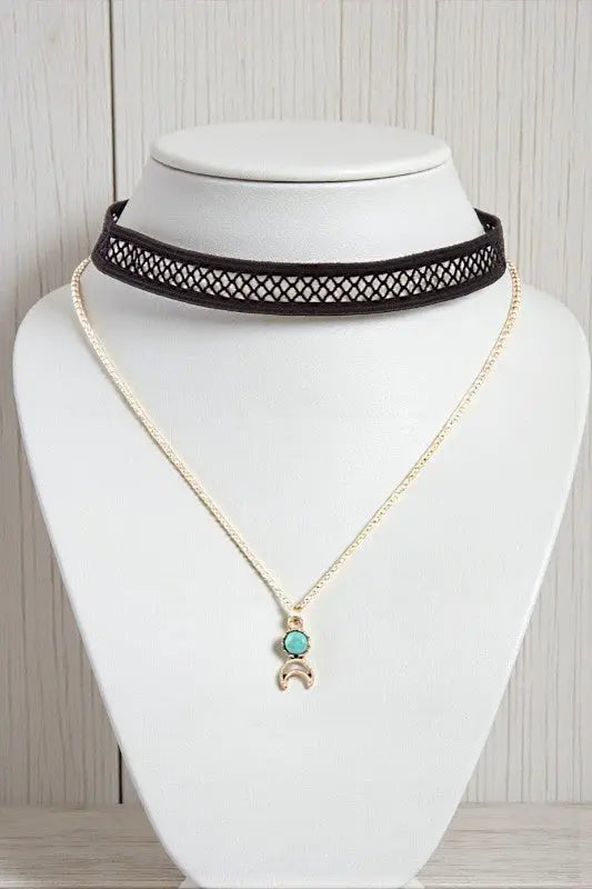 GEM CRESCENT MOON PENDANT NECKLACE LACE CHOCKER SET - SweetShine c.o.c. 