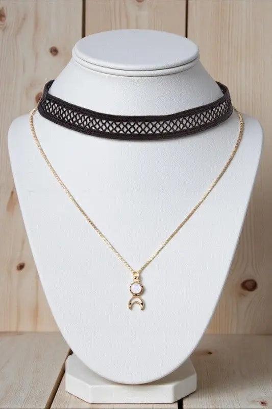 GEM CRESCENT MOON PENDANT NECKLACE LACE CHOCKER SET - SweetShine c.o.c. 