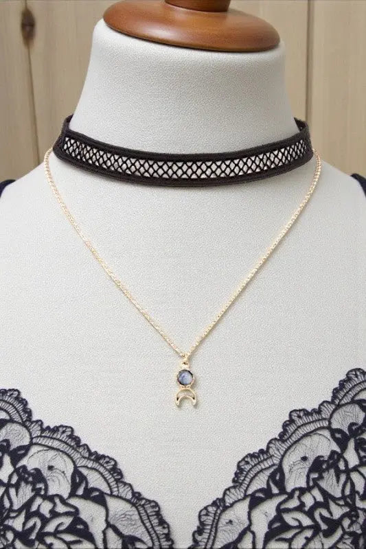 GEM CRESCENT MOON PENDANT NECKLACE LACE CHOCKER SET - SweetShine c.o.c. 