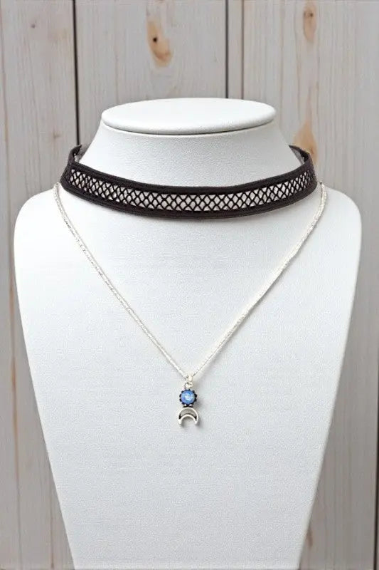 GEM CRESCENT MOON PENDANT NECKLACE LACE CHOCKER SET - SweetShine c.o.c. 