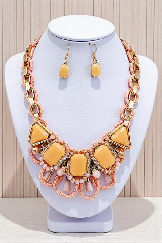 FACETED STONES ROPE AND CHAIN LINKED BIB NECKLACE AND GEM DANGLE EARRING SET - SweetShine c.o.c. 