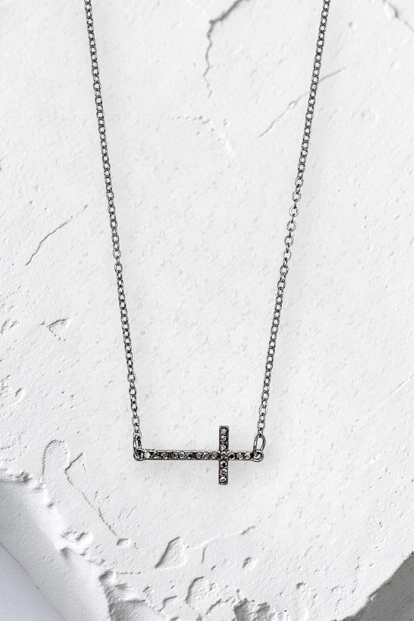RHINESTONE PAVE SIDE CROSS PENDANT NECKLACE