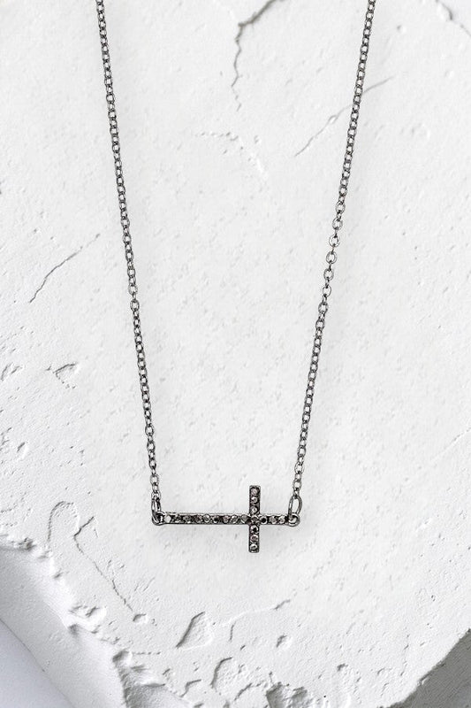 RHINESTONE PAVE SIDE CROSS PENDANT NECKLACE