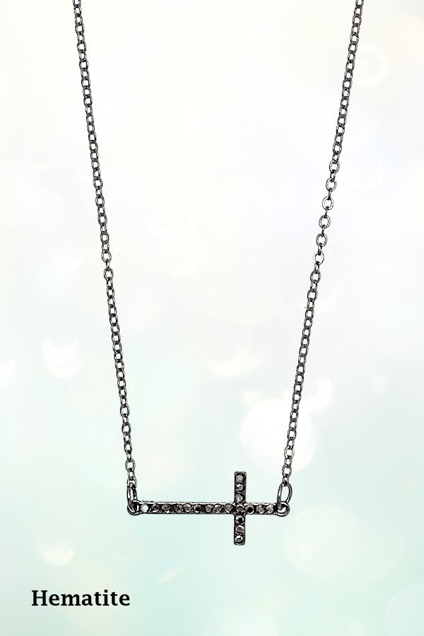 RHINESTONE PAVE SIDE CROSS PENDANT NECKLACE