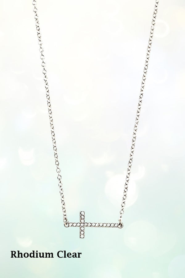 RHINESTONE PAVE SIDE CROSS PENDANT NECKLACE