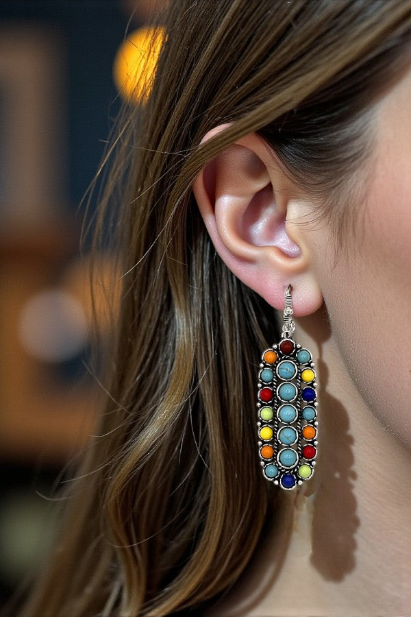 ROUND GEM FRAMED DANGLE EARRING