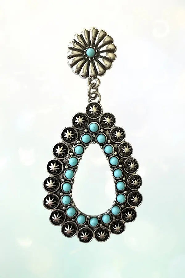 WESTERN TQ BEAD ETCHED STAR FLORAL POST TEARDROP DANGLE EARRING - SweetShine c.o.c. 