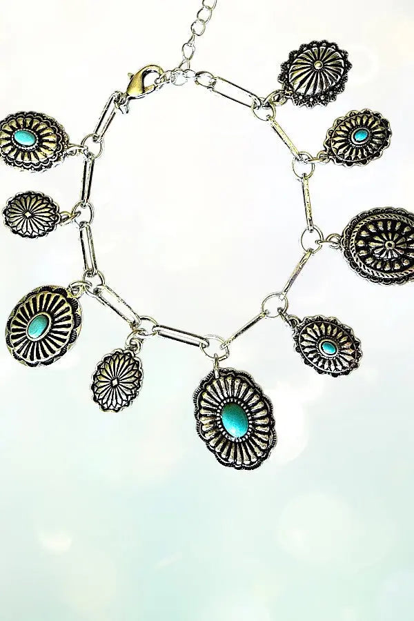 WESTERN TQ GEM ACCENT CONCHO CHARMS DANGLE CHAIN BRACELET - SweetShine c.o.c. 