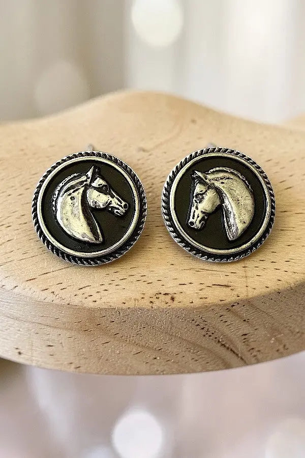 WESTERN BLACK HORSE HEAD PORTRAIT ROUND STUD EARRING - SweetShine c.o.c. 