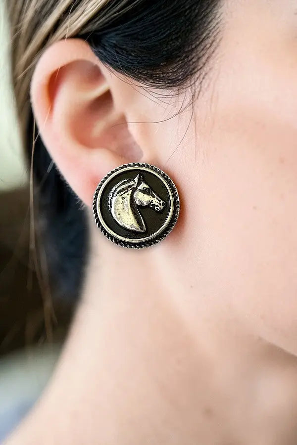 WESTERN BLACK HORSE HEAD PORTRAIT ROUND STUD EARRING - SweetShine c.o.c. 