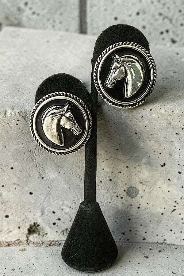 WESTERN BLACK HORSE HEAD PORTRAIT ROUND STUD EARRING - SweetShine c.o.c. 