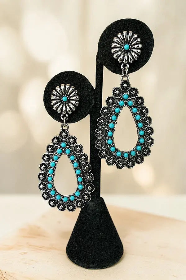 WESTERN TQ BEAD ETCHED STAR FLORAL POST TEARDROP DANGLE EARRING - SweetShine c.o.c. 