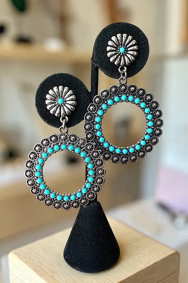 WESTERN TQ BEAD ETCHED STAR FLORAL POST CIRCLE DROP EARRING - SweetShine c.o.c. 