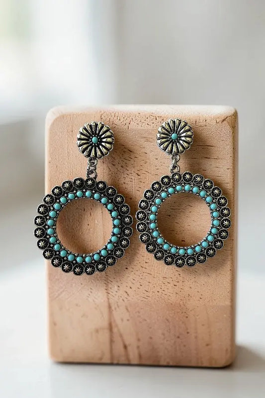 WESTERN TQ BEAD ETCHED STAR FLORAL POST CIRCLE DROP EARRING - SweetShine c.o.c. 