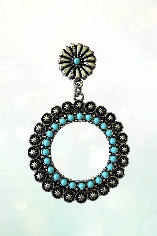 WESTERN TQ BEAD ETCHED STAR FLORAL POST CIRCLE DROP EARRING - SweetShine c.o.c. 