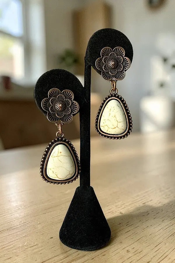 WESTERN ETCHED FLORAL POST TRIANGULAR FRAMED GEMSTONE DANGLE EARRING - SweetShine c.o.c. 