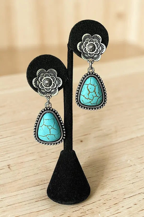 WESTERN ETCHED FLORAL POST TRIANGULAR FRAMED GEMSTONE DANGLE EARRING - SweetShine c.o.c. 
