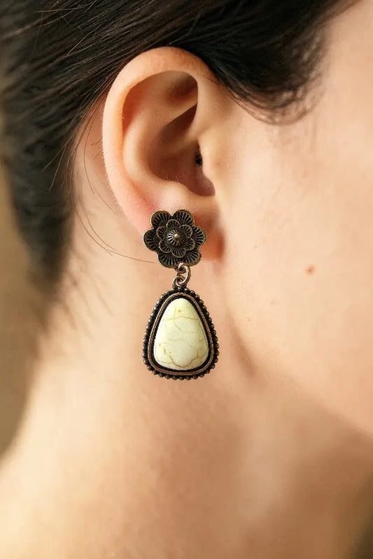 WESTERN ETCHED FLORAL POST TRIANGULAR FRAMED GEMSTONE DANGLE EARRING - SweetShine c.o.c. 