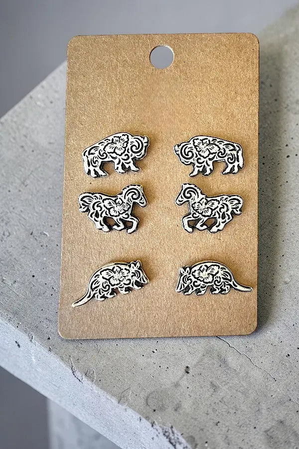 WESTERN ETCHED FARM ANIMAL 3 PAIR STUD EARRING SET - SweetShine c.o.c. 
