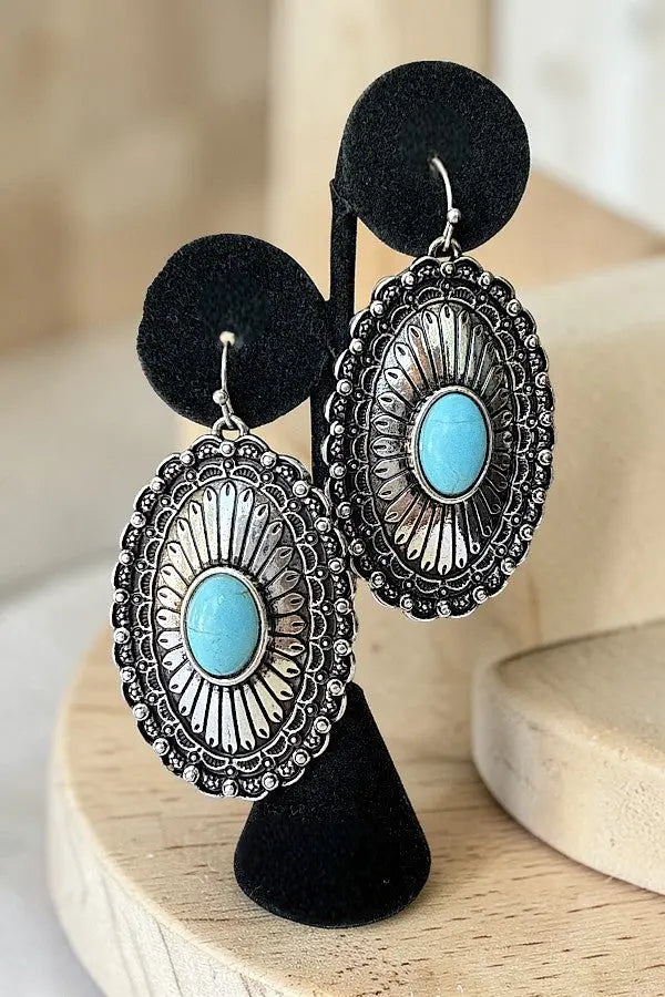 WESTERN TQ ETCHED OVAL CONCHO DROP EARRING - SweetShine c.o.c. 