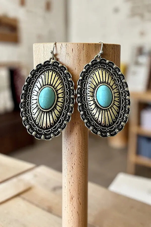 WESTERN TQ ETCHED OVAL CONCHO DROP EARRING - SweetShine c.o.c. 