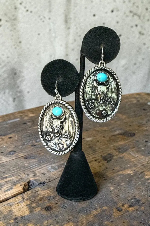 WESTERN TQ GEM ACCENT STEER HEAD ETCHED OVAL DROP EARRING - SweetShine c.o.c. 