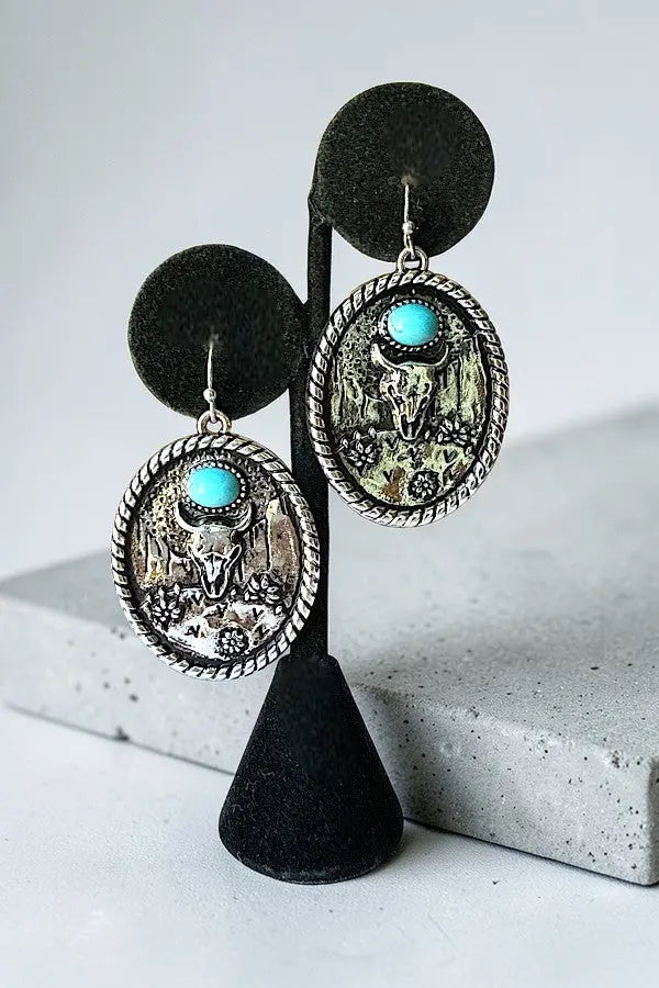 WESTERN TQ GEM ACCENT STEER HEAD ETCHED OVAL DROP EARRING - SweetShine c.o.c. 