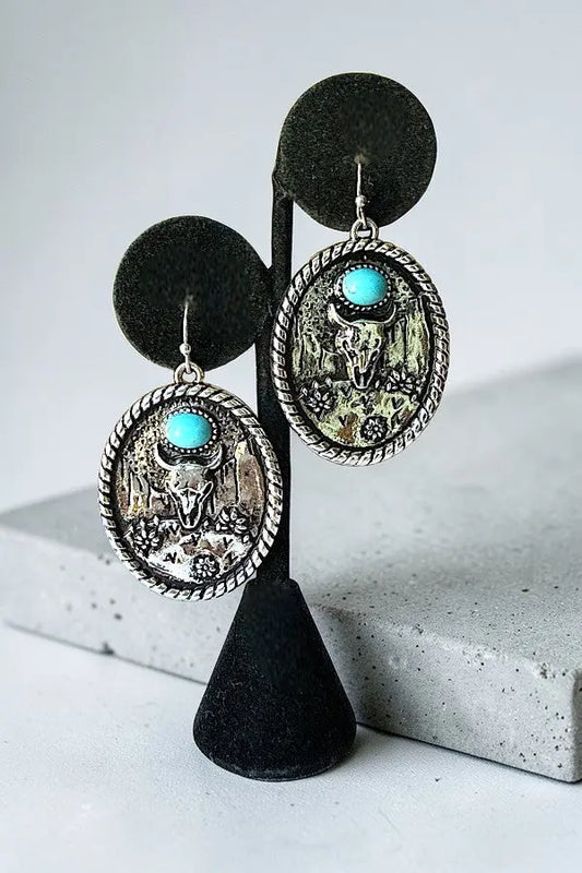 WESTERN TQ GEM ACCENT STEER HEAD ETCHED OVAL DROP EARRING - SweetShine c.o.c. 