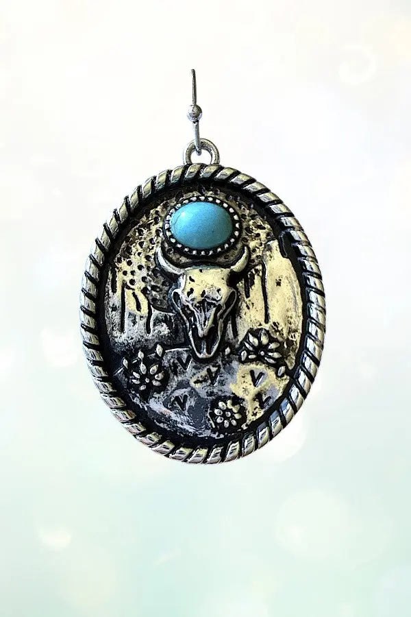 WESTERN TQ GEM ACCENT STEER HEAD ETCHED OVAL DROP EARRING - SweetShine c.o.c. 