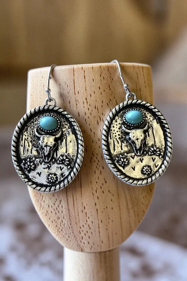 WESTERN TQ GEM ACCENT STEER HEAD ETCHED OVAL DROP EARRING - SweetShine c.o.c. 