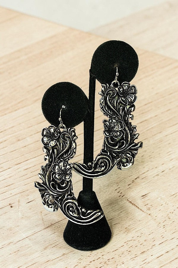 WESTERN FLORAL ENGRAVED COWBOY BOOTS DANGLE EARRING