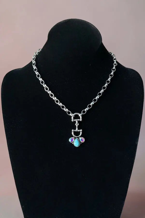 WESTERN SNAFFLE BIT TQ GEMSTONE PENDANT CHAIN NECKLACE - SweetShine c.o.c. 