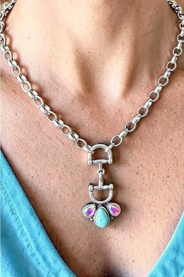 WESTERN SNAFFLE BIT TQ GEMSTONE PENDANT CHAIN NECKLACE - SweetShine c.o.c. 