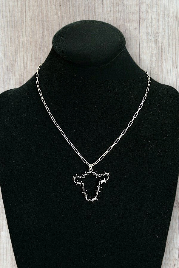 WESTERN BARBED WIRE COW HEAD PENDANT CHAIN NECKLACE