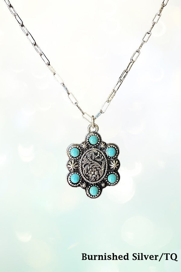 WESTERN TQ GEM ACCENT OVAL PENDANT CHAIN NECKLACE