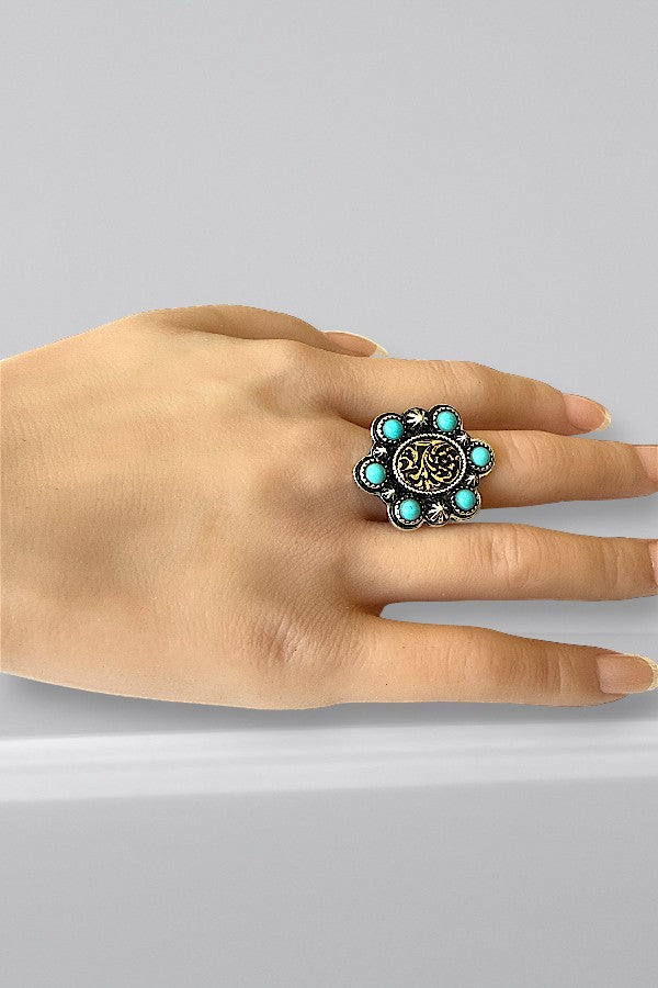 WESTERN ETCHED OVAL TQ GEM CUFF STATEMENT RING