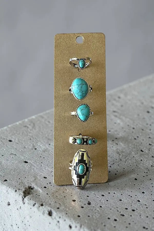 WESTERN THEME TURQUOISE GEM CUFF RING SET - SweetShine c.o.c. 