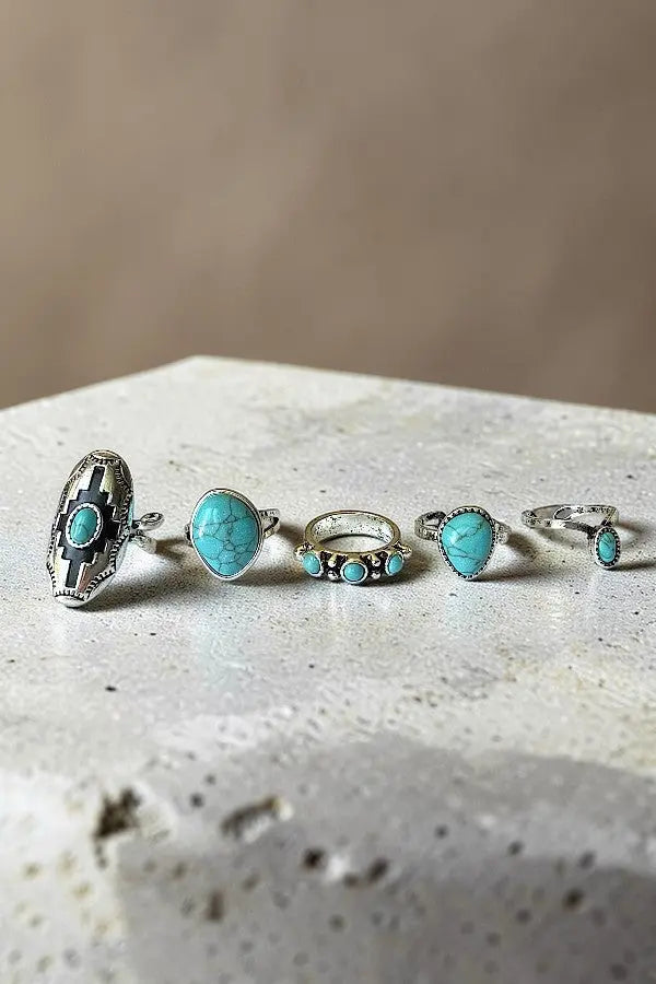 WESTERN THEME TURQUOISE GEM CUFF RING SET - SweetShine c.o.c. 
