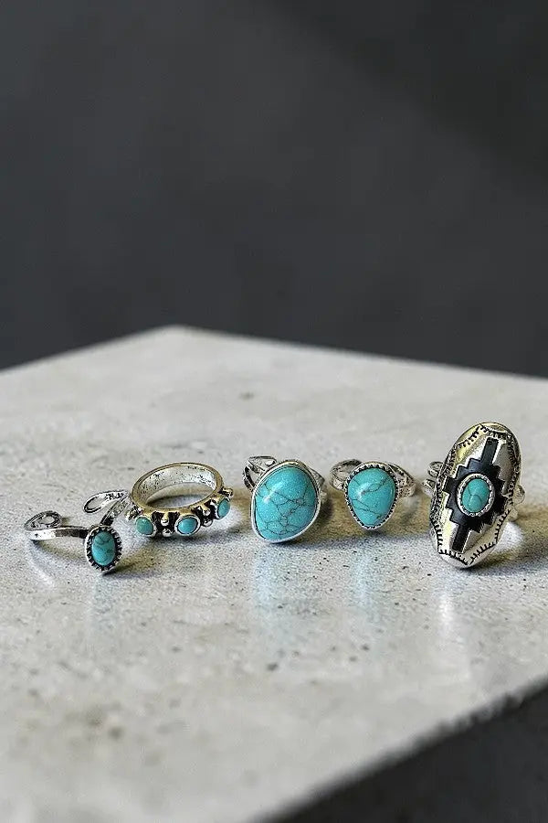 WESTERN THEME TURQUOISE GEM CUFF RING SET - SweetShine c.o.c. 
