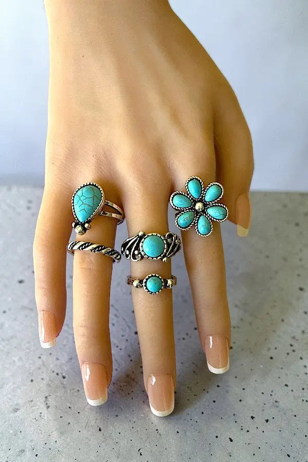 WESTERN THEME TURQUOISE GEM ACCENT RING SET - SweetShine c.o.c. 