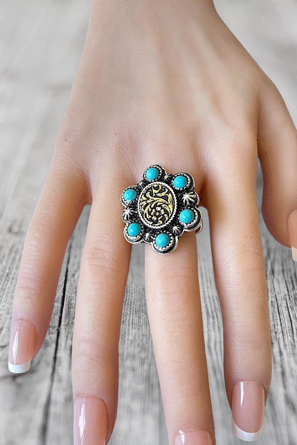 WESTERN ETCHED OVAL TQ GEM CUFF STATEMENT RING