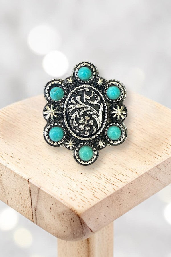 WESTERN ETCHED OVAL TQ GEM CUFF STATEMENT RING